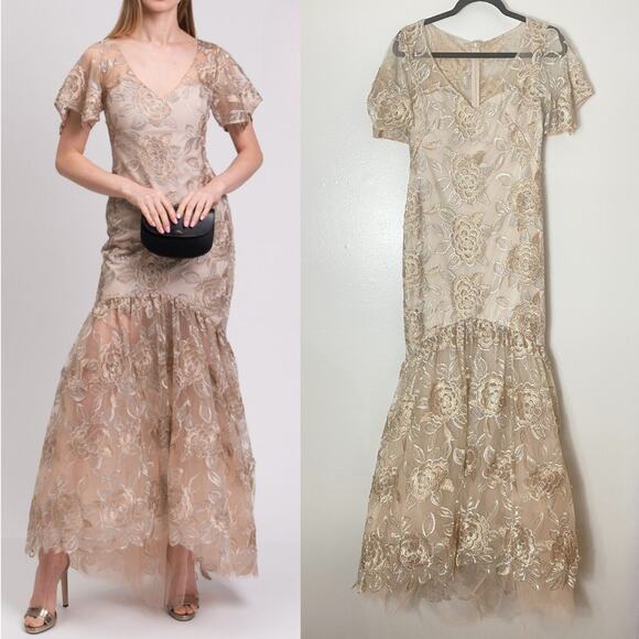 NEW MIKAEL AGHAL DRESS GOWN FLORAL EMBROIDERED TULLE TRUMPED LONG MAXI GOLD TAN - Picture 1 of 16